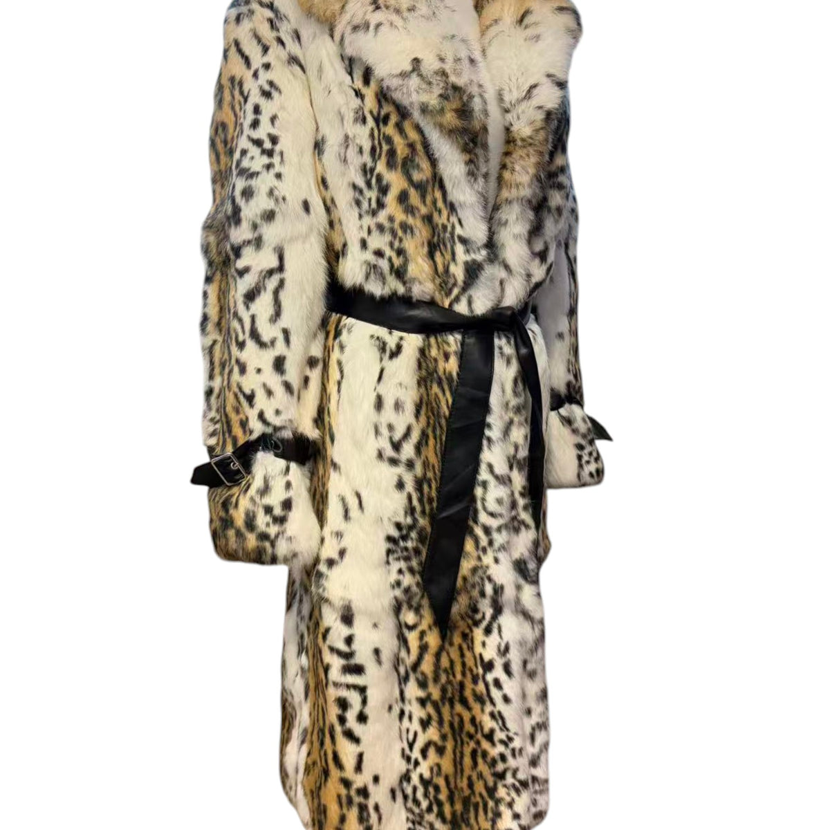 REAL RABBIT FUR COAT JACKET MAXI LONG SNOW LEOPARD PRINT BELTED WARM SIZE L FROM JAPAN