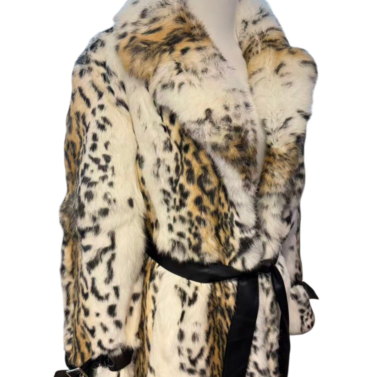 REAL RABBIT FUR COAT JACKET MAXI LONG SNOW LEOPARD PRINT BELTED WARM SIZE L FROM JAPAN