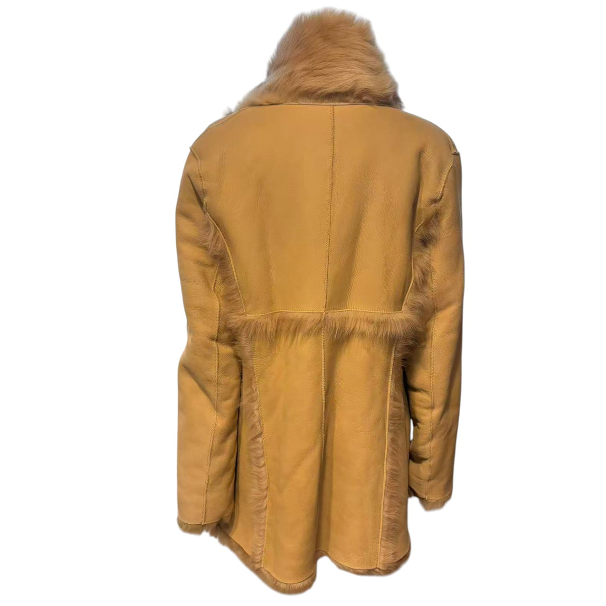 REAL SHEEPSKIN SHEARLING LEATHER COAT JACKET MID-LENGTH BIG FUR COLLAR WARM BEIGE FROM JAPAN