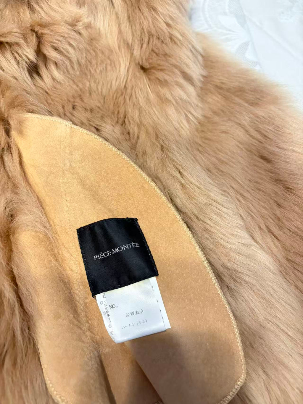 REAL SHEEPSKIN SHEARLING LEATHER COAT JACKET MID-LENGTH BIG FUR COLLAR WARM BEIGE FROM JAPAN