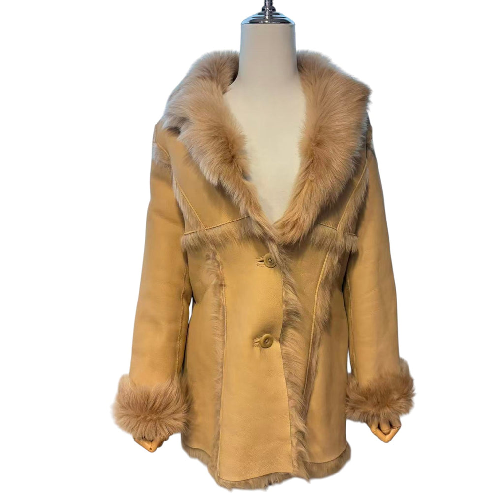 REAL SHEEPSKIN SHEARLING LEATHER COAT JACKET MID-LENGTH BIG FUR COLLAR WARM BEIGE FROM JAPAN