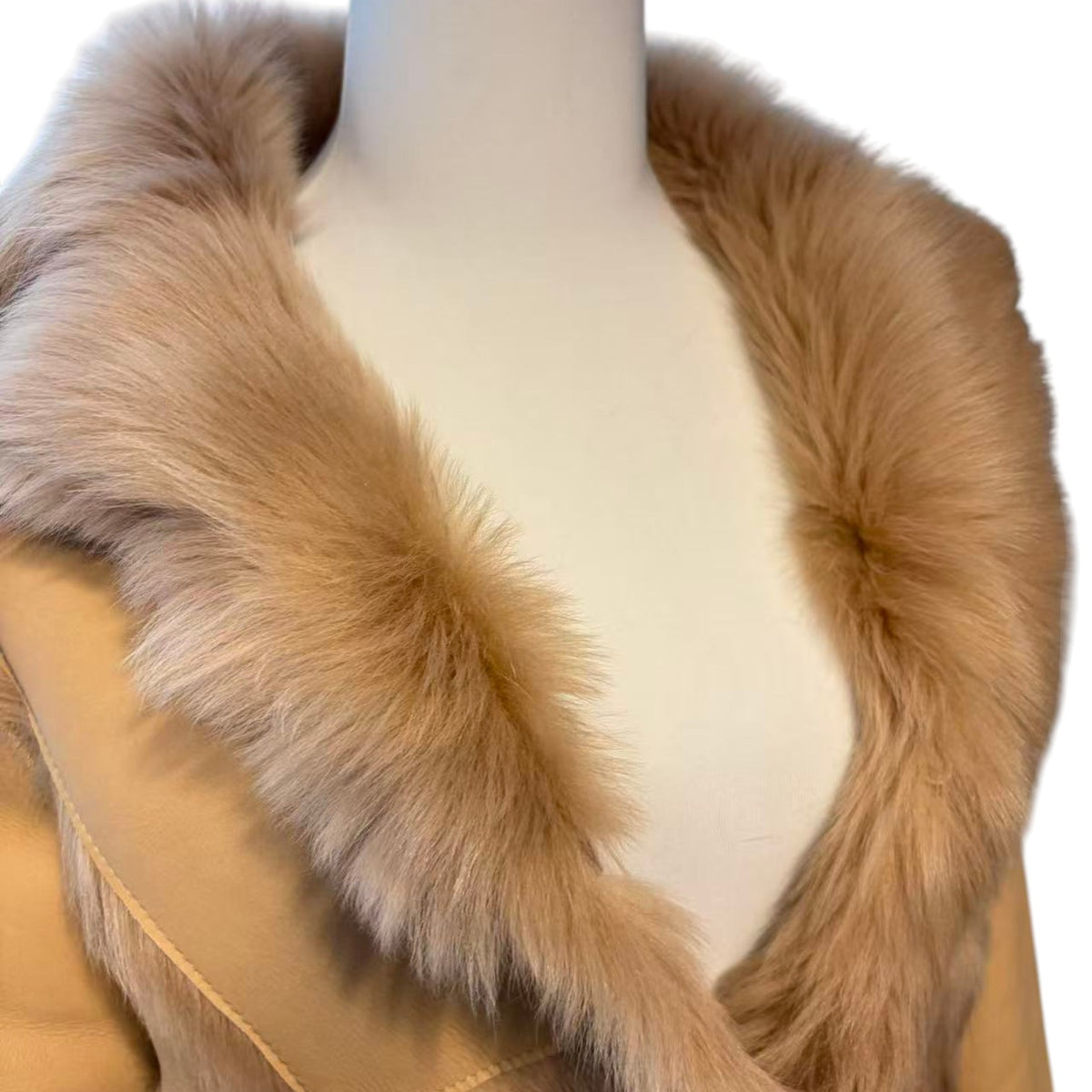 REAL SHEEPSKIN SHEARLING LEATHER COAT JACKET MID-LENGTH BIG FUR COLLAR WARM BEIGE FROM JAPAN