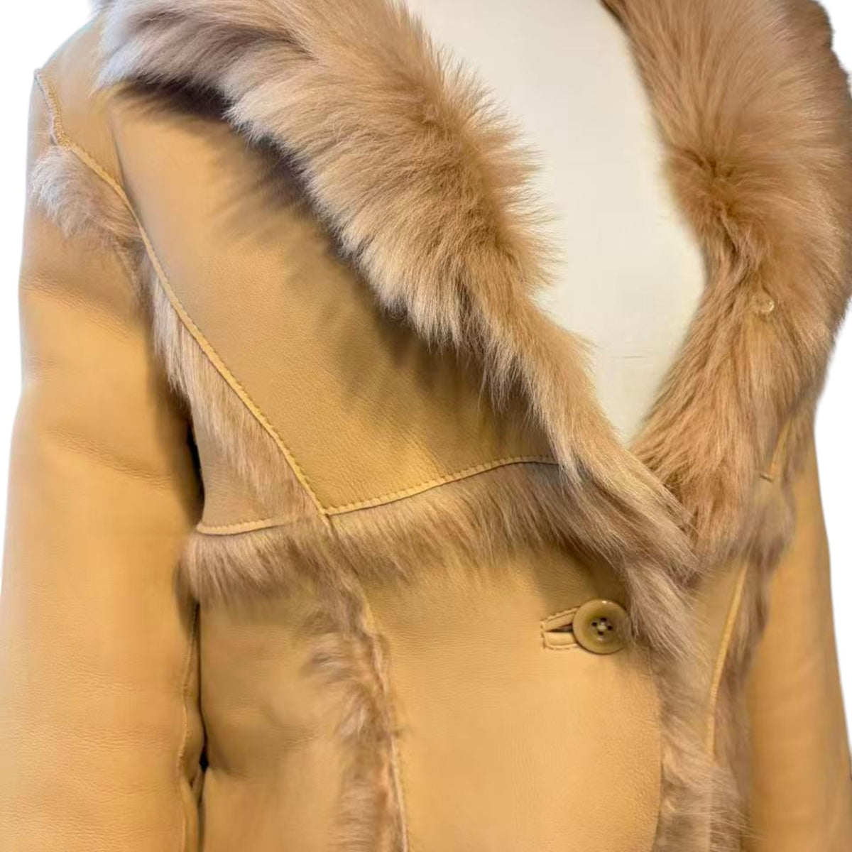 REAL SHEEPSKIN SHEARLING LEATHER COAT JACKET MID-LENGTH BIG FUR COLLAR WARM BEIGE FROM JAPAN