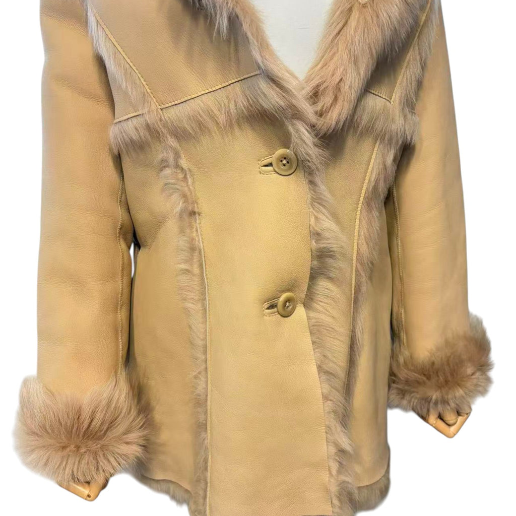 REAL SHEEPSKIN SHEARLING LEATHER COAT JACKET MID-LENGTH BIG FUR COLLAR WARM BEIGE FROM JAPAN