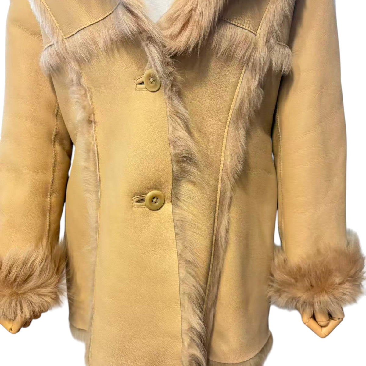 REAL SHEEPSKIN SHEARLING LEATHER COAT JACKET MID-LENGTH BIG FUR COLLAR WARM BEIGE FROM JAPAN