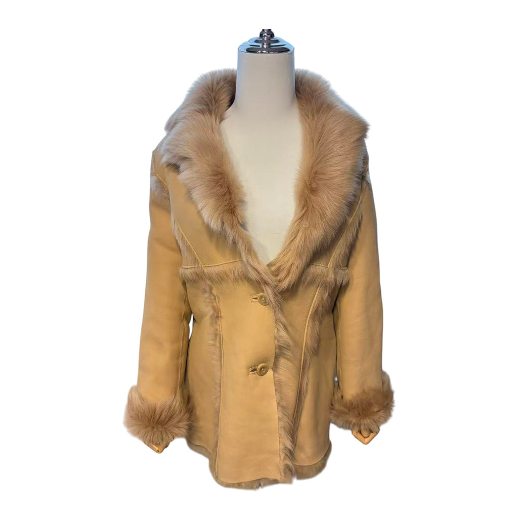 REAL SHEEPSKIN SHEARLING LEATHER COAT JACKET MID-LENGTH BIG FUR COLLAR WARM BEIGE FROM JAPAN