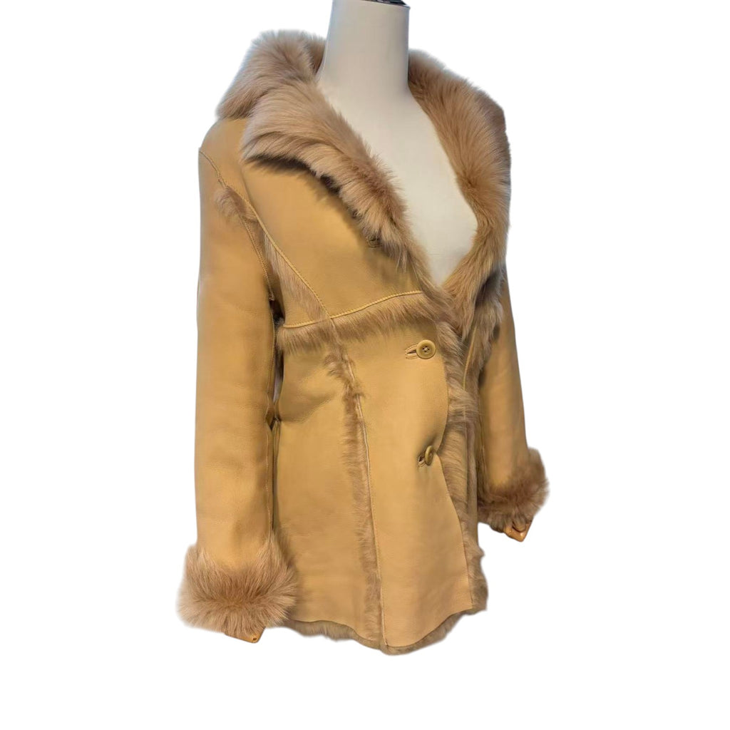 REAL SHEEPSKIN SHEARLING LEATHER COAT JACKET MID-LENGTH BIG FUR COLLAR WARM BEIGE FROM JAPAN