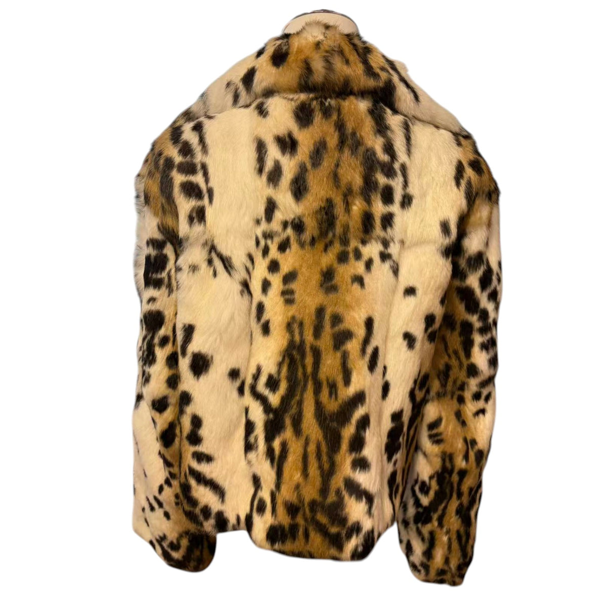 REAL RABBIT FUR SHORT COAT JACKET SNOW LEOPARD PRINT BELTED WARM FROM JAPAN