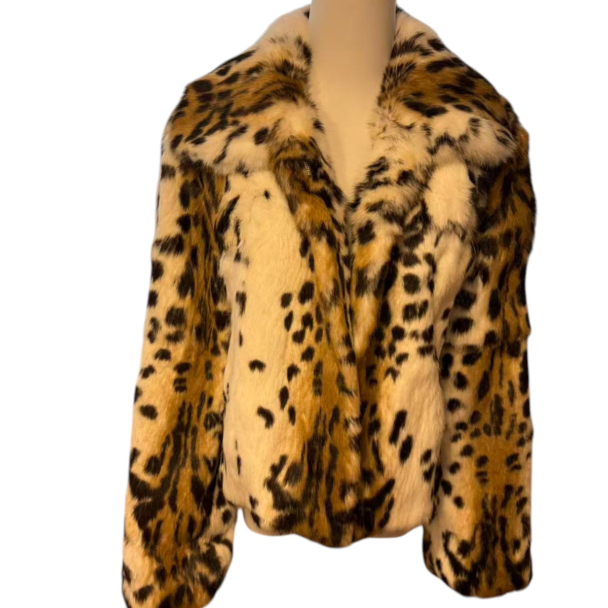 REAL RABBIT FUR SHORT COAT JACKET SNOW LEOPARD PRINT BELTED WARM FROM JAPAN