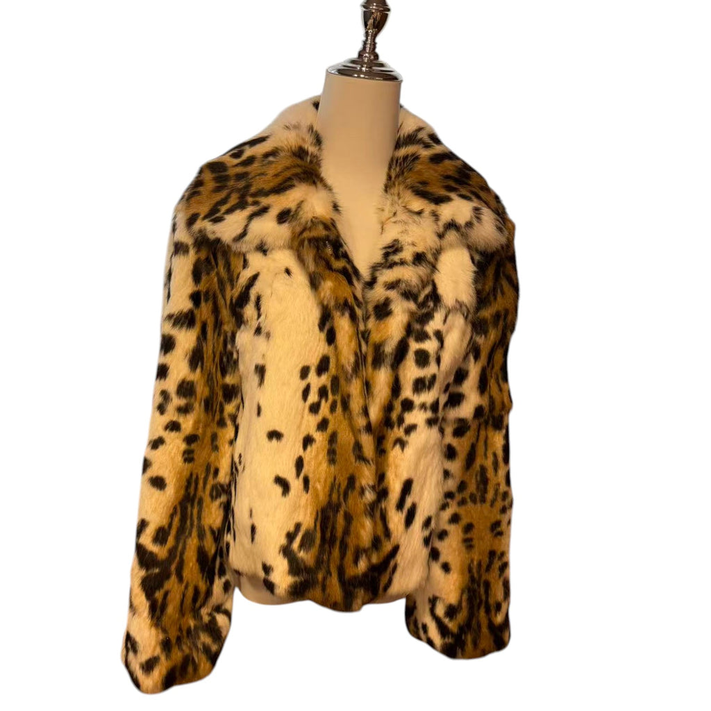 REAL RABBIT FUR SHORT COAT JACKET SNOW LEOPARD PRINT BELTED WARM FROM JAPAN