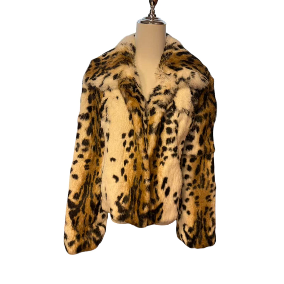 REAL RABBIT FUR SHORT COAT JACKET SNOW LEOPARD PRINT BELTED WARM FROM JAPAN