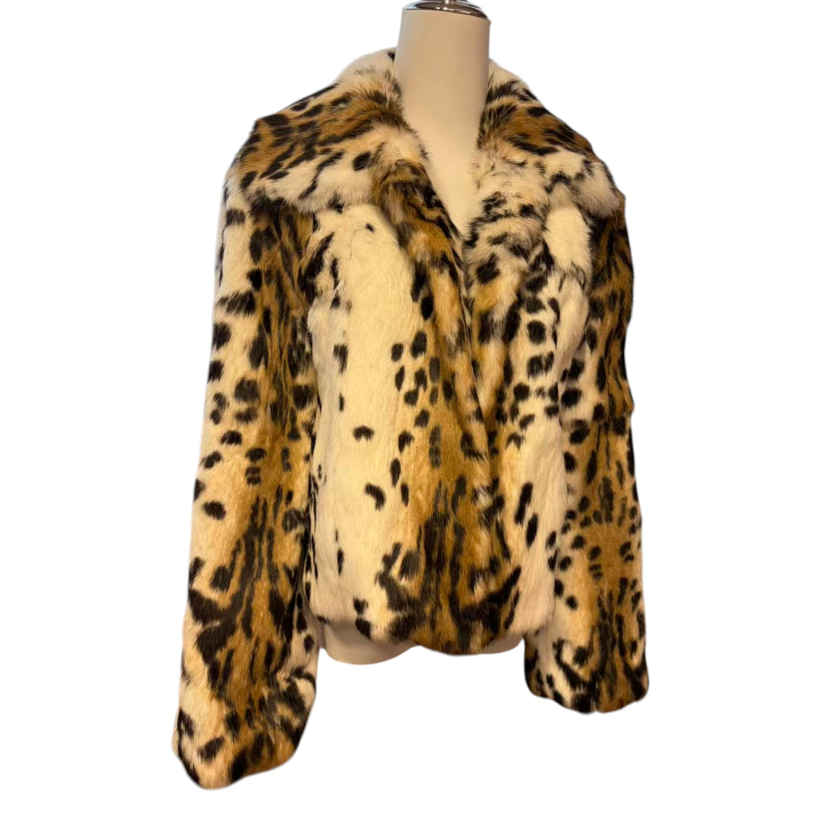 REAL RABBIT FUR SHORT COAT JACKET SNOW LEOPARD PRINT BELTED WARM FROM JAPAN