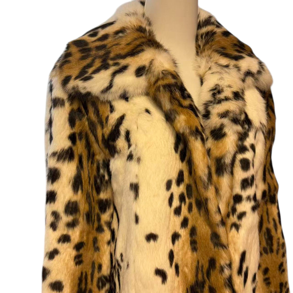 REAL RABBIT FUR SHORT COAT JACKET SNOW LEOPARD PRINT BELTED WARM FROM JAPAN