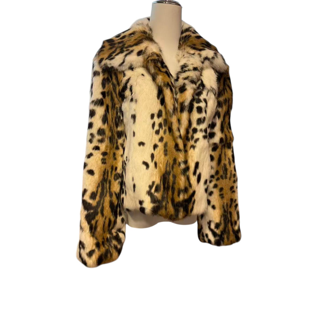 REAL RABBIT FUR SHORT COAT JACKET SNOW LEOPARD PRINT BELTED WARM FROM JAPAN