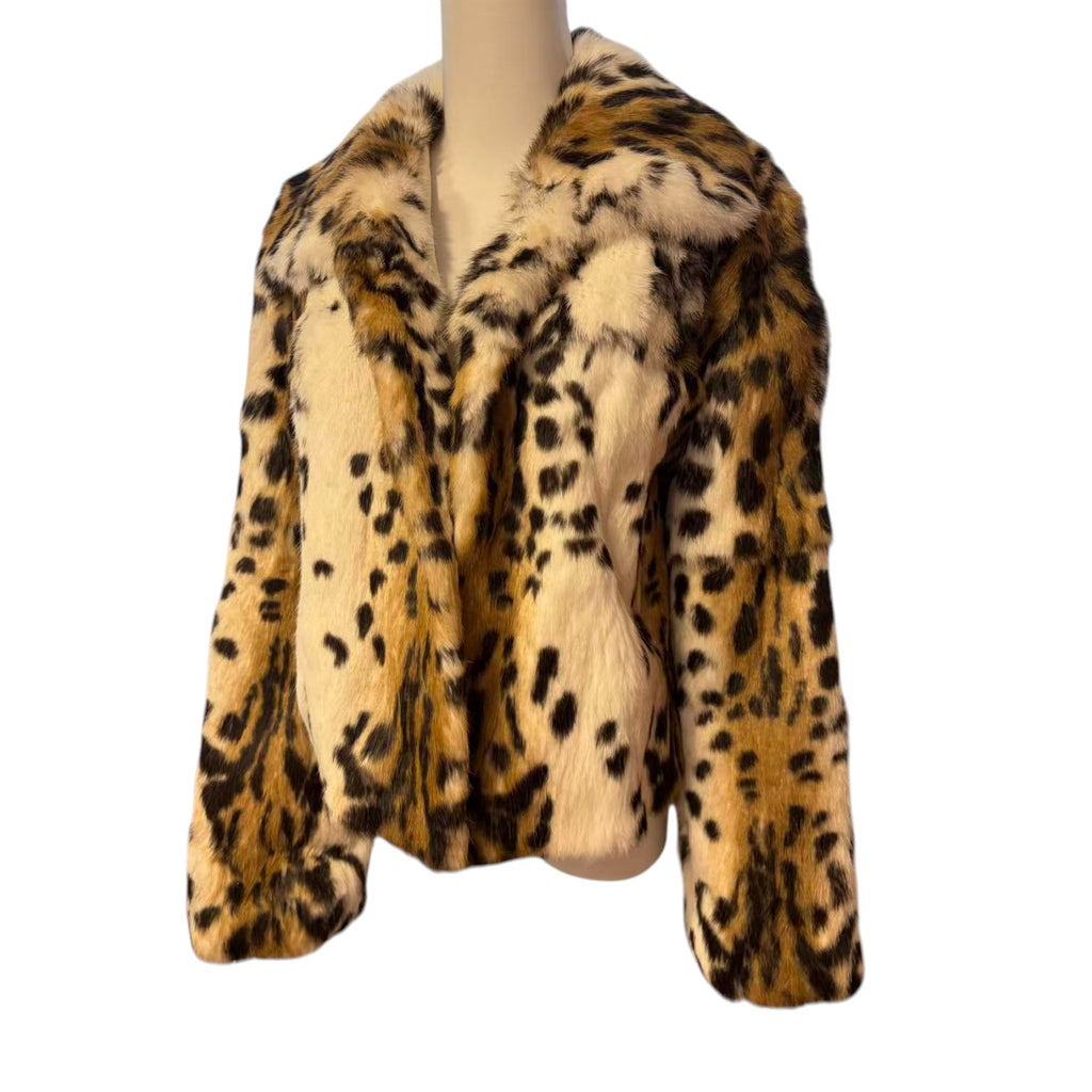 REAL RABBIT FUR SHORT COAT JACKET SNOW LEOPARD PRINT BELTED WARM FROM JAPAN