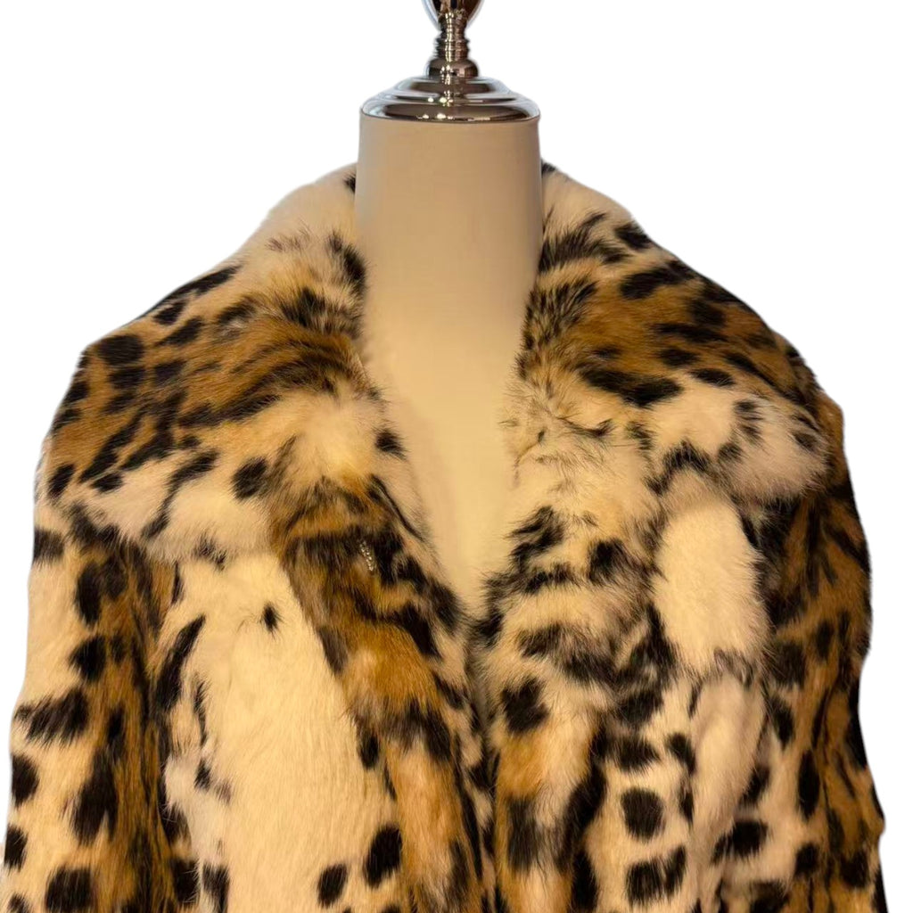 REAL RABBIT FUR SHORT COAT JACKET SNOW LEOPARD PRINT BELTED WARM FROM JAPAN