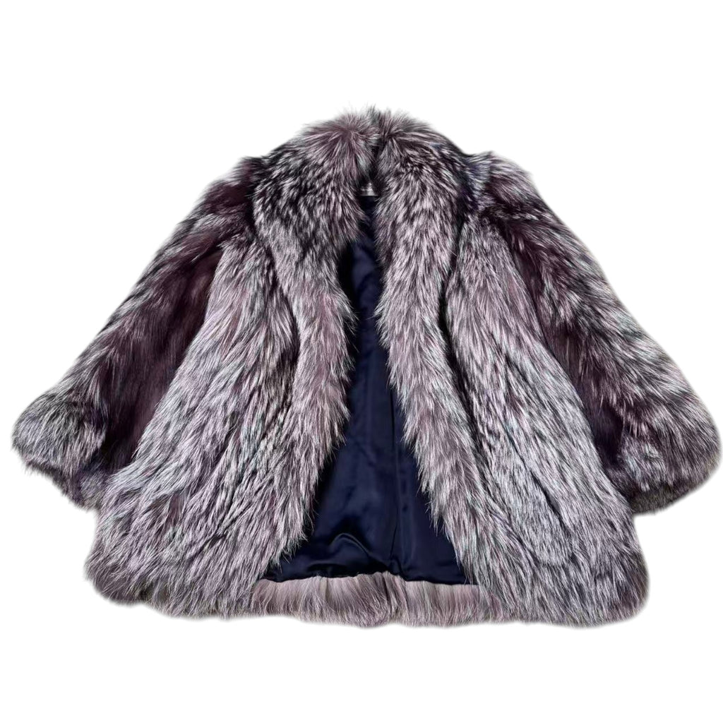 SAGA FOX SILVER FOX REAL FUR COAT JACKET VOLUMINOUS SIZE L FROM JAPAN