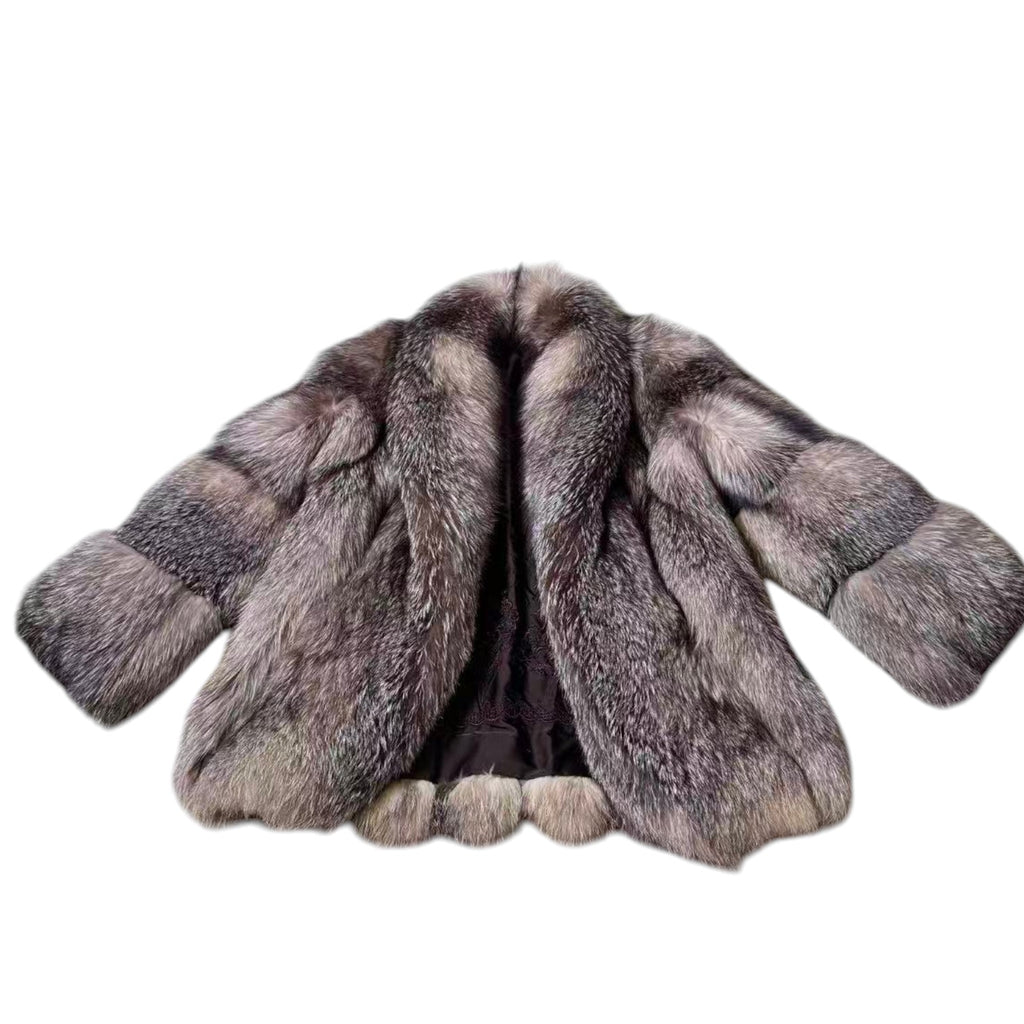 SILVER FOX REAL FUR COAT JACKET RARE DESIGN WARM SIZE M FROM JAPAN