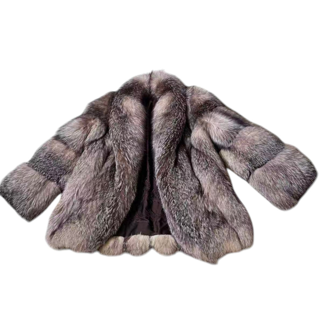 SILVER FOX REAL FUR COAT JACKET RARE DESIGN WARM SIZE M FROM JAPAN