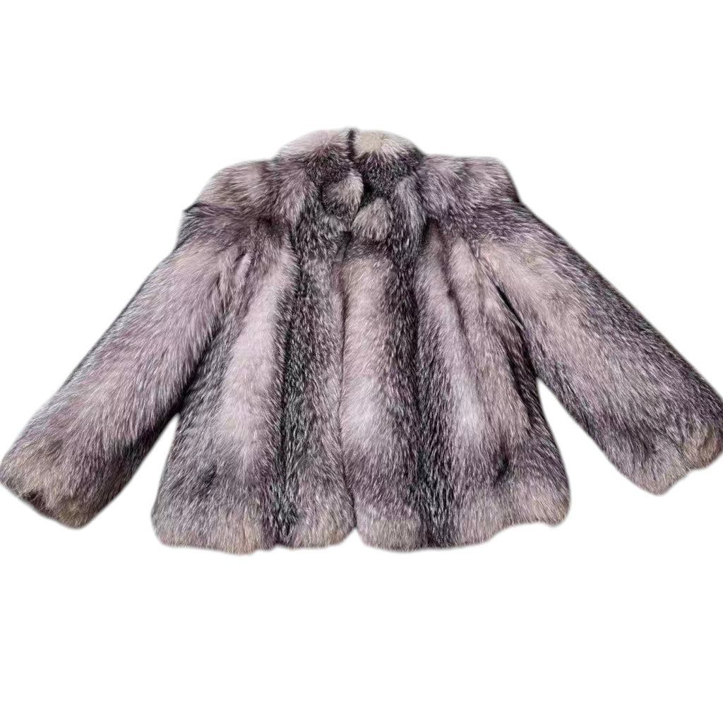 DELUXE FUR SILVER FOX REAL FUR COAT RARE DESIGN BEAUTIFUL LINING SIZE L JAPAN