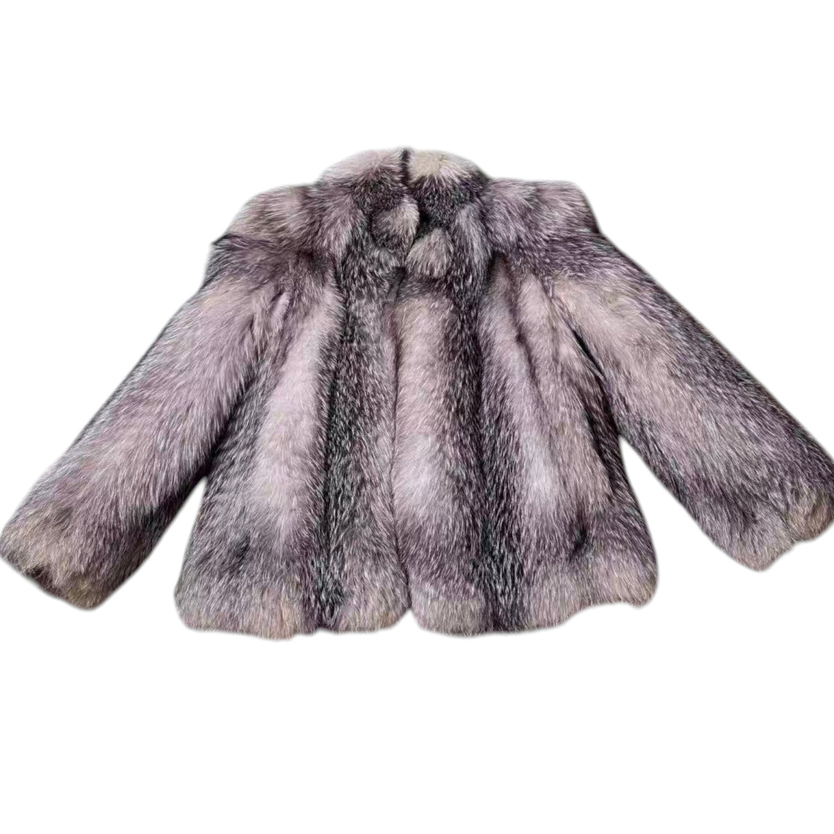 DELUXE FUR SILVER FOX REAL FUR COAT RARE DESIGN BEAUTIFUL LINING SIZE L JAPAN