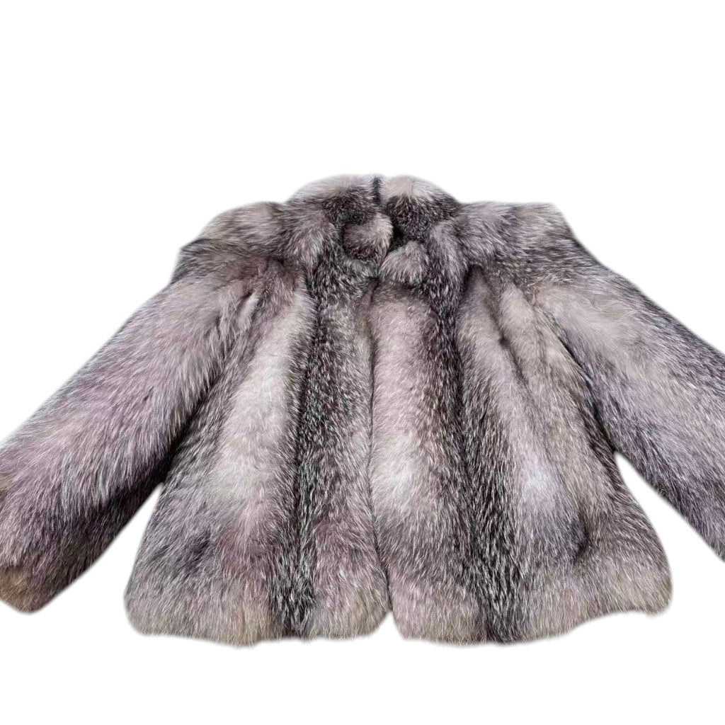 DELUXE FUR SILVER FOX REAL FUR COAT RARE DESIGN BEAUTIFUL LINING SIZE L JAPAN