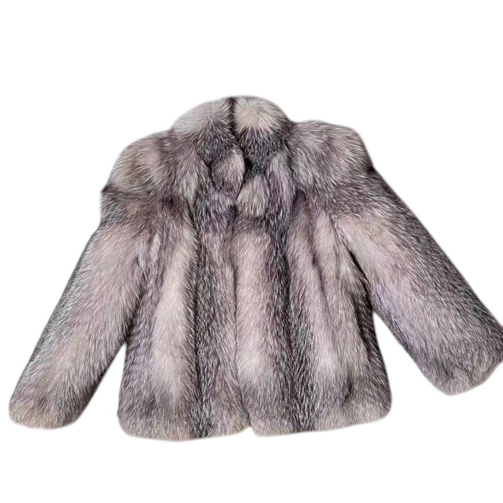 DELUXE FUR SILVER FOX REAL FUR COAT RARE DESIGN BEAUTIFUL LINING SIZE L JAPAN