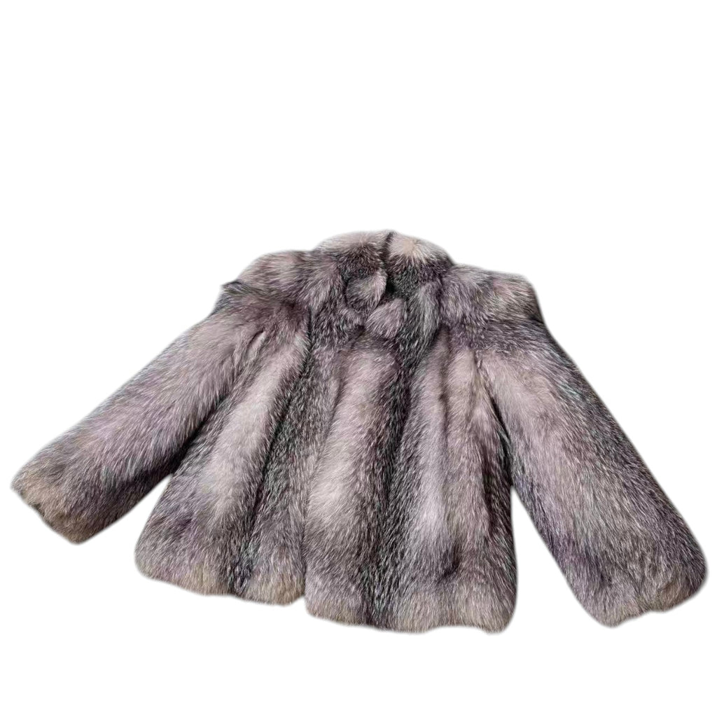 DELUXE FUR SILVER FOX REAL FUR COAT RARE DESIGN BEAUTIFUL LINING SIZE L JAPAN