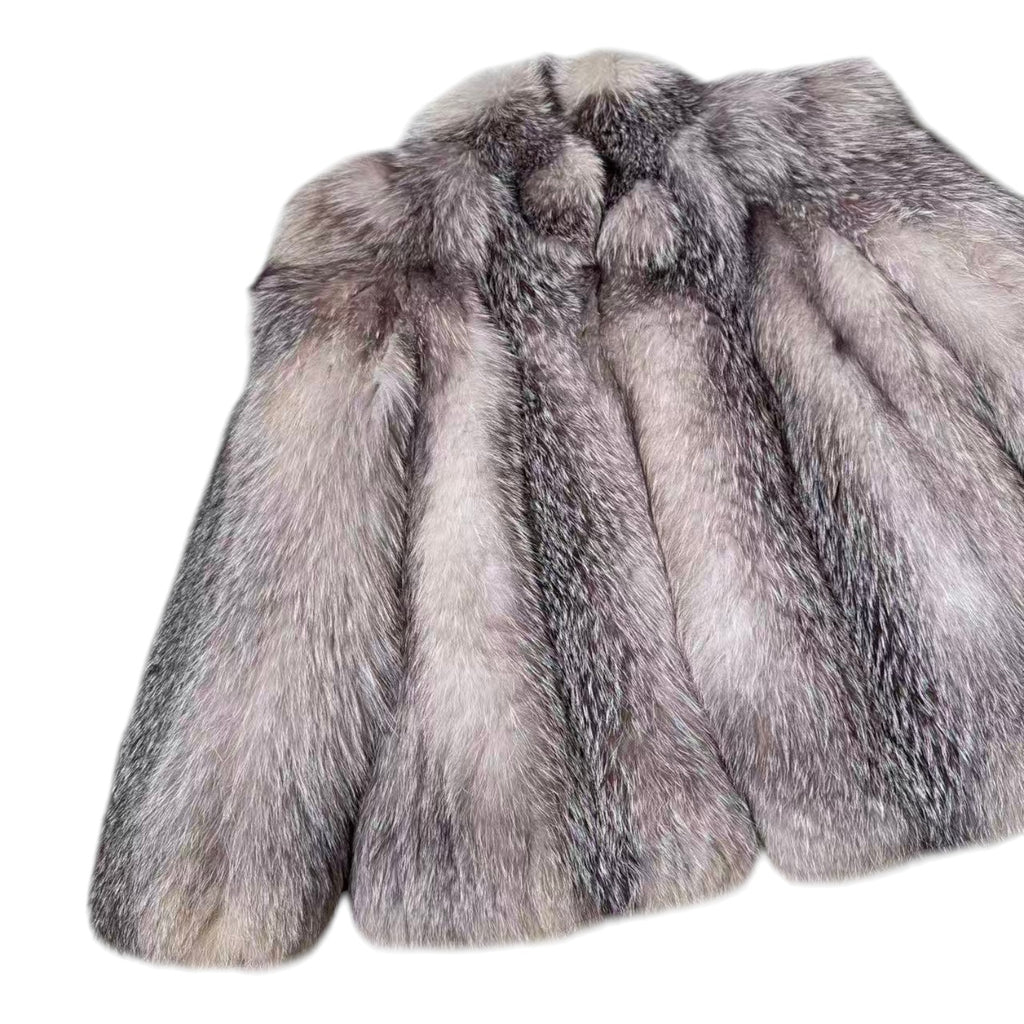 DELUXE FUR SILVER FOX REAL FUR COAT RARE DESIGN BEAUTIFUL LINING SIZE L JAPAN