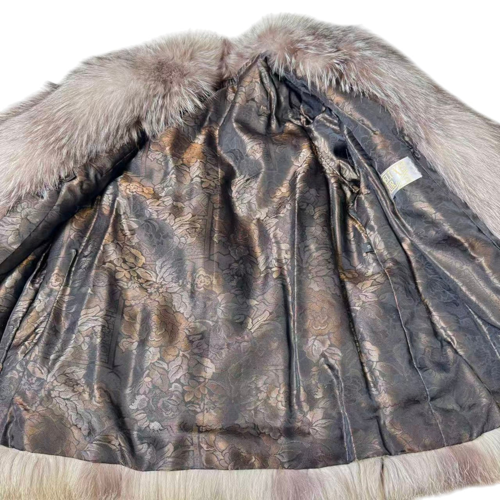 DELUXE FUR SILVER FOX REAL FUR COAT RARE DESIGN BEAUTIFUL LINING SIZE L JAPAN