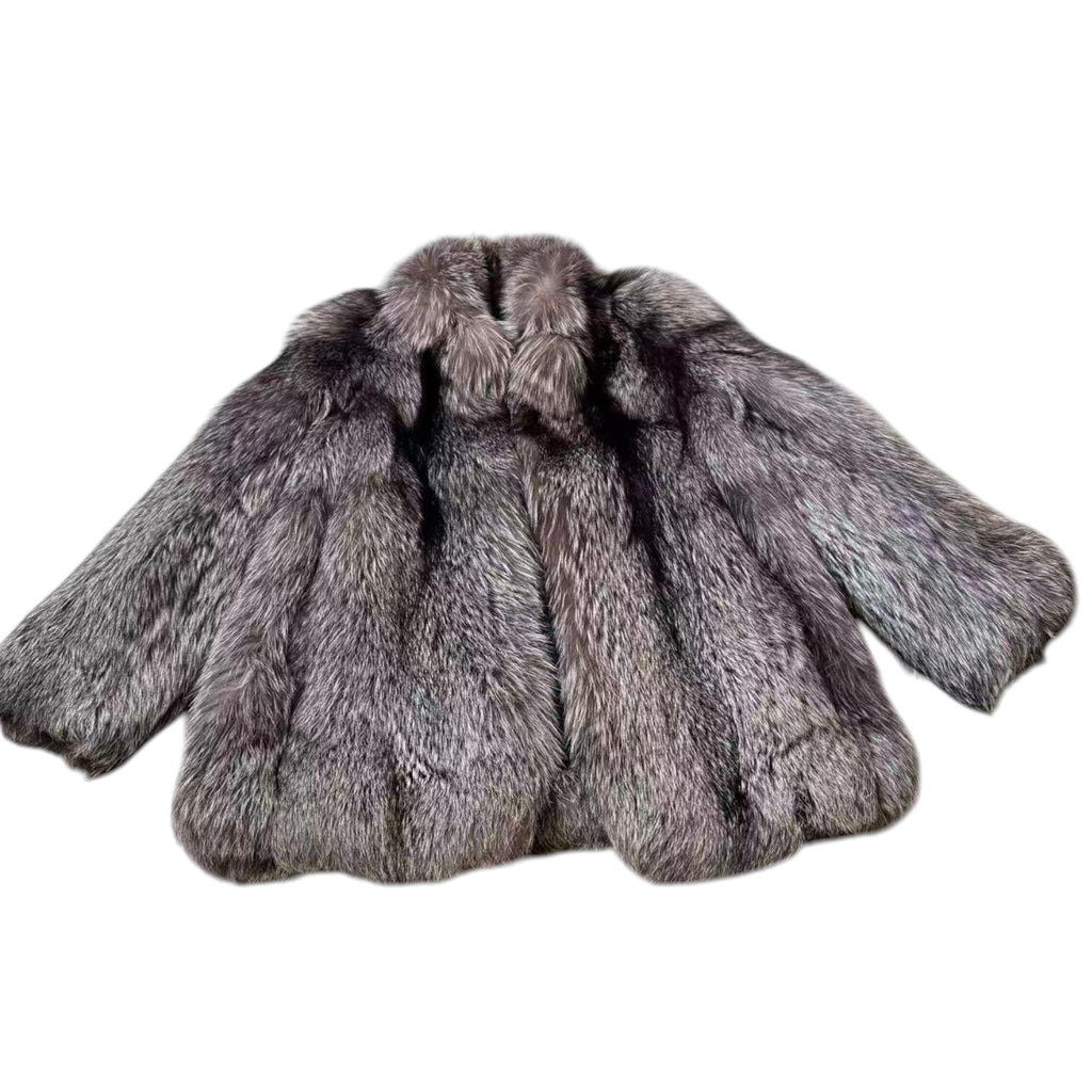 SILVER FOX REAL FUR COAT JACKET VOLUMINOUS THICK WARM SIZE L FROM JAPAN