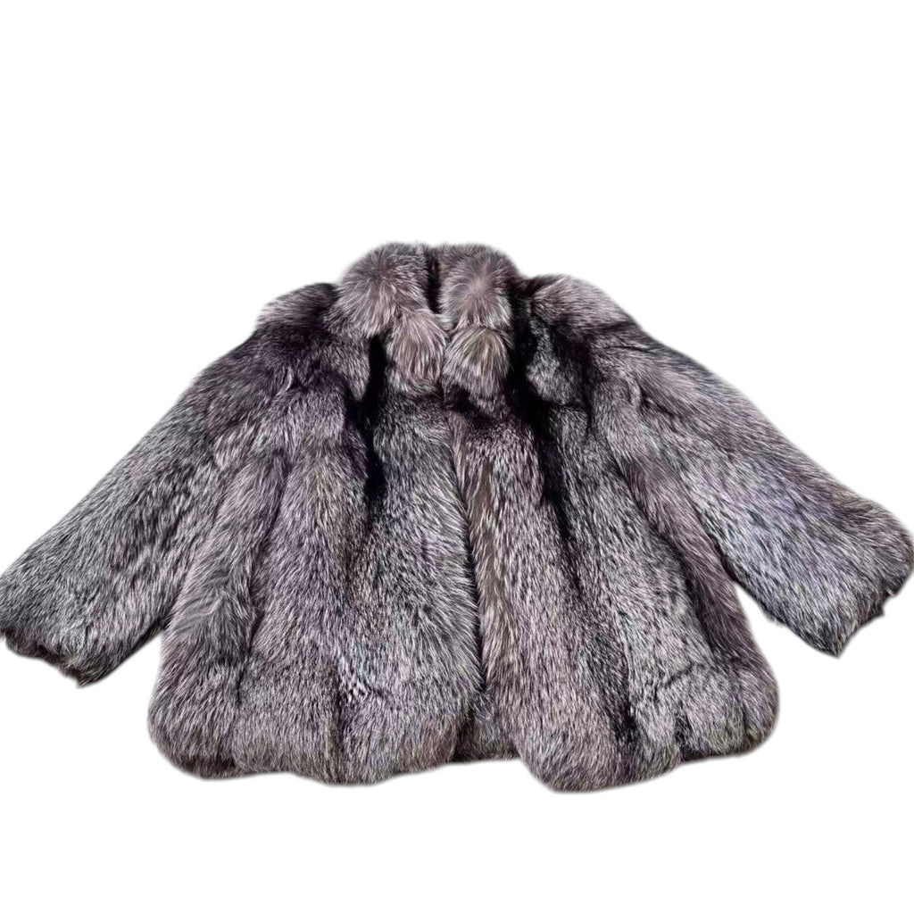 SILVER FOX REAL FUR COAT JACKET VOLUMINOUS THICK WARM SIZE L FROM JAPAN