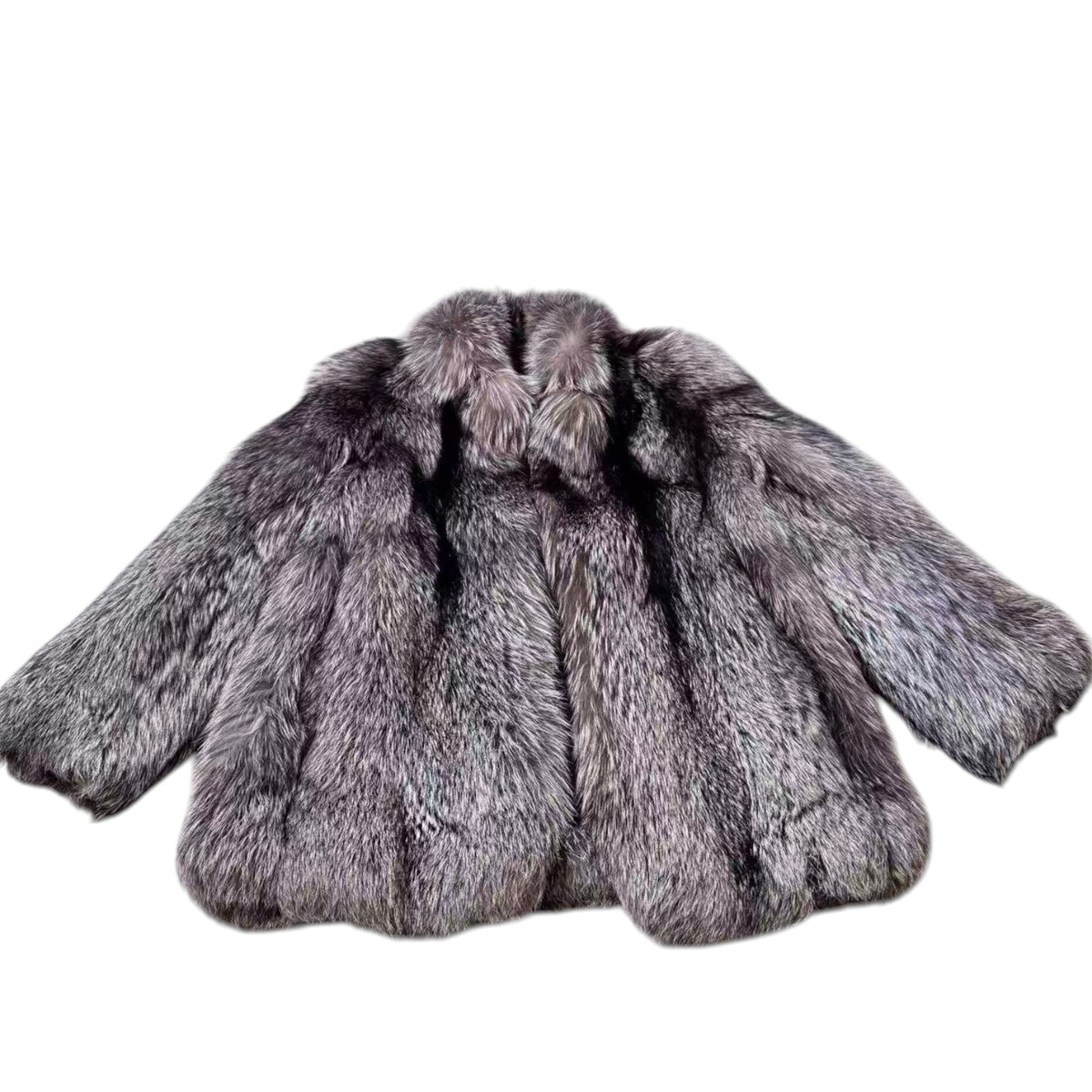 SILVER FOX REAL FUR COAT JACKET VOLUMINOUS THICK WARM SIZE L FROM JAPAN