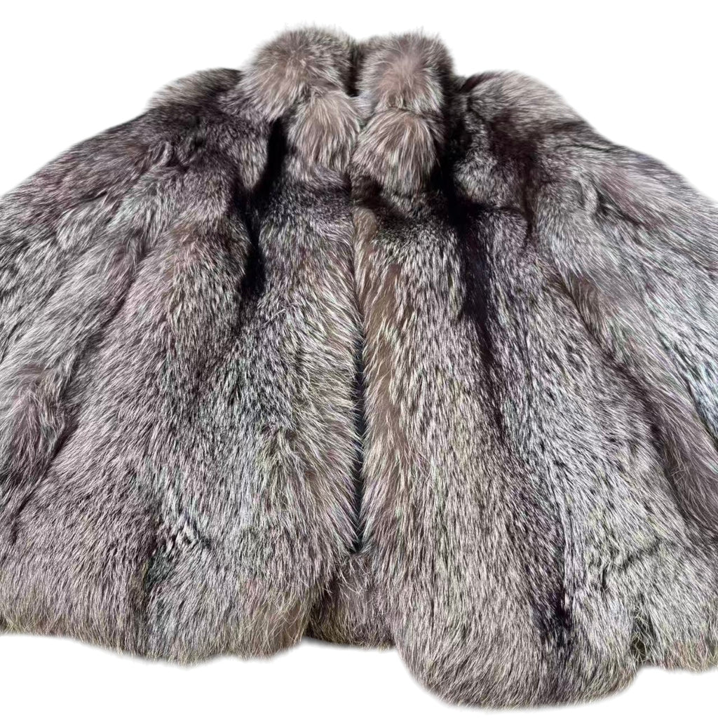 SILVER FOX REAL FUR COAT JACKET VOLUMINOUS THICK WARM SIZE L FROM JAPAN