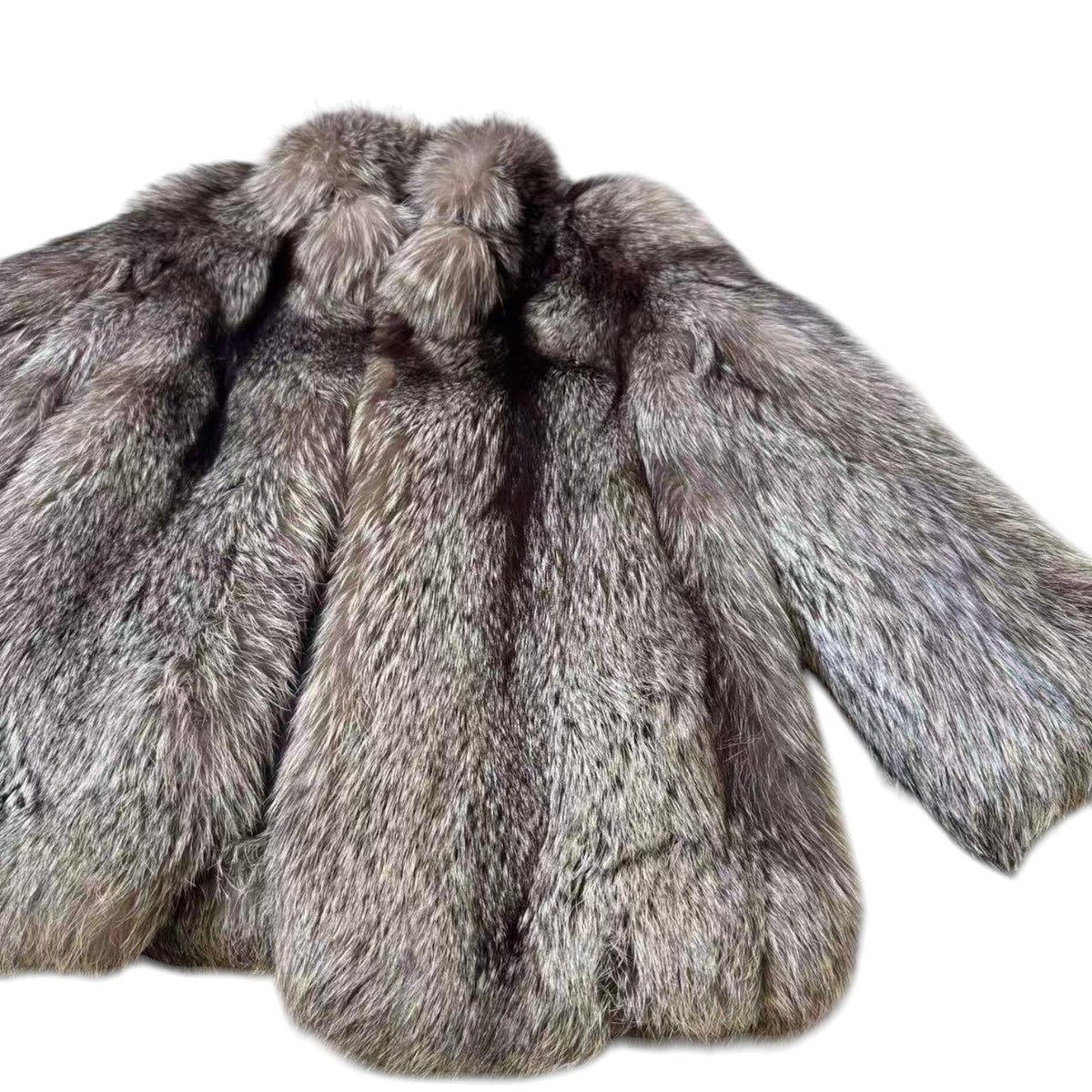 SILVER FOX REAL FUR COAT JACKET VOLUMINOUS THICK WARM SIZE L FROM JAPAN