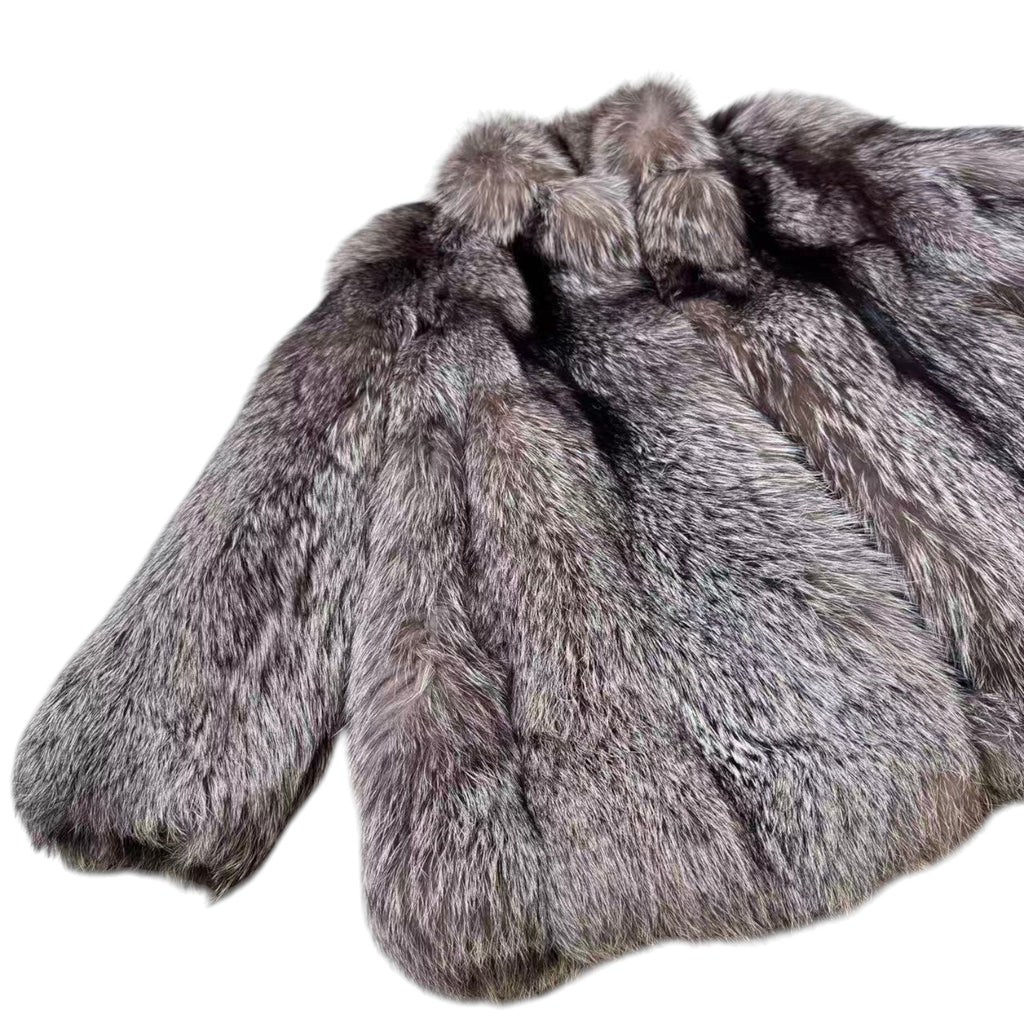 SILVER FOX REAL FUR COAT JACKET VOLUMINOUS THICK WARM SIZE L FROM JAPAN