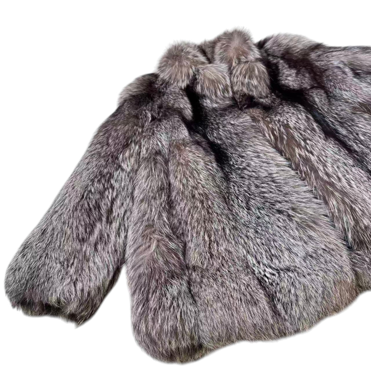 SILVER FOX REAL FUR COAT JACKET VOLUMINOUS THICK WARM SIZE L FROM JAPAN