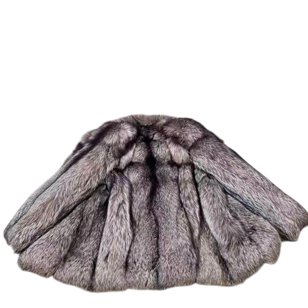 SILVER FOX REAL FUR COAT JACKET VOLUMINOUS THICK WARM SIZE L FROM JAPAN