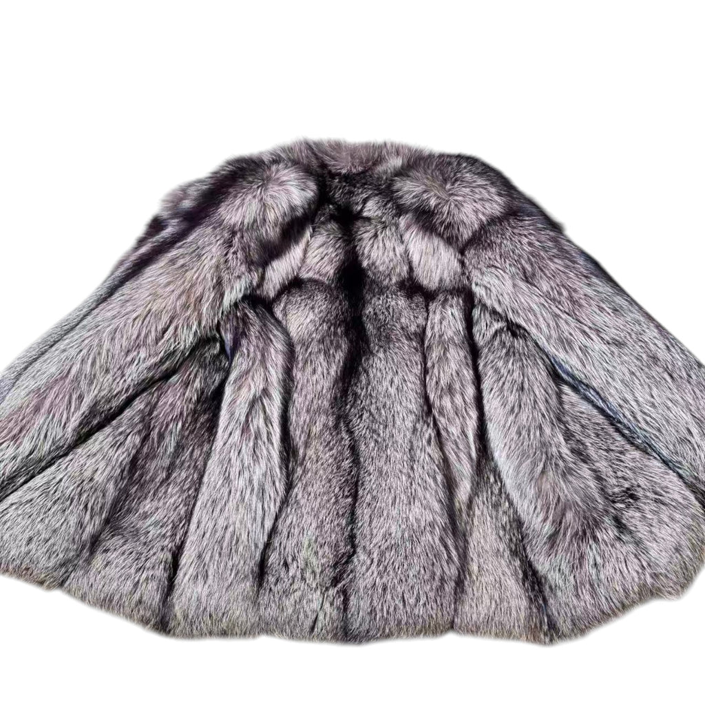 SILVER FOX REAL FUR COAT JACKET VOLUMINOUS THICK WARM SIZE L FROM JAPAN