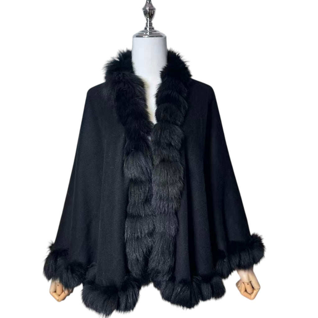 NOA-GE RARE CASHMERE CAPE BLUE FOX FUR COLLAR ELEGANT DESIGN FROM JAPAN