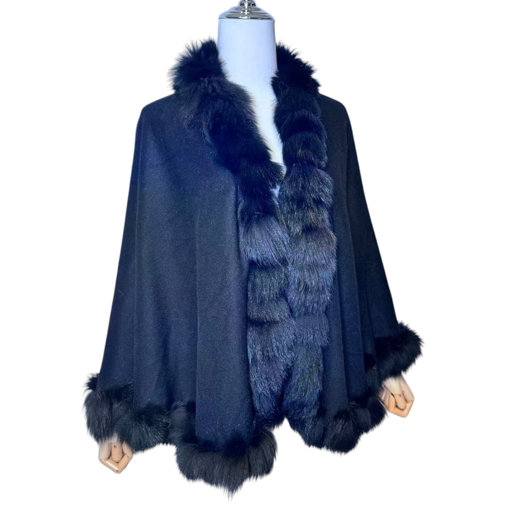 NOA-GE RARE CASHMERE CAPE BLUE FOX FUR COLLAR ELEGANT DESIGN FROM JAPAN