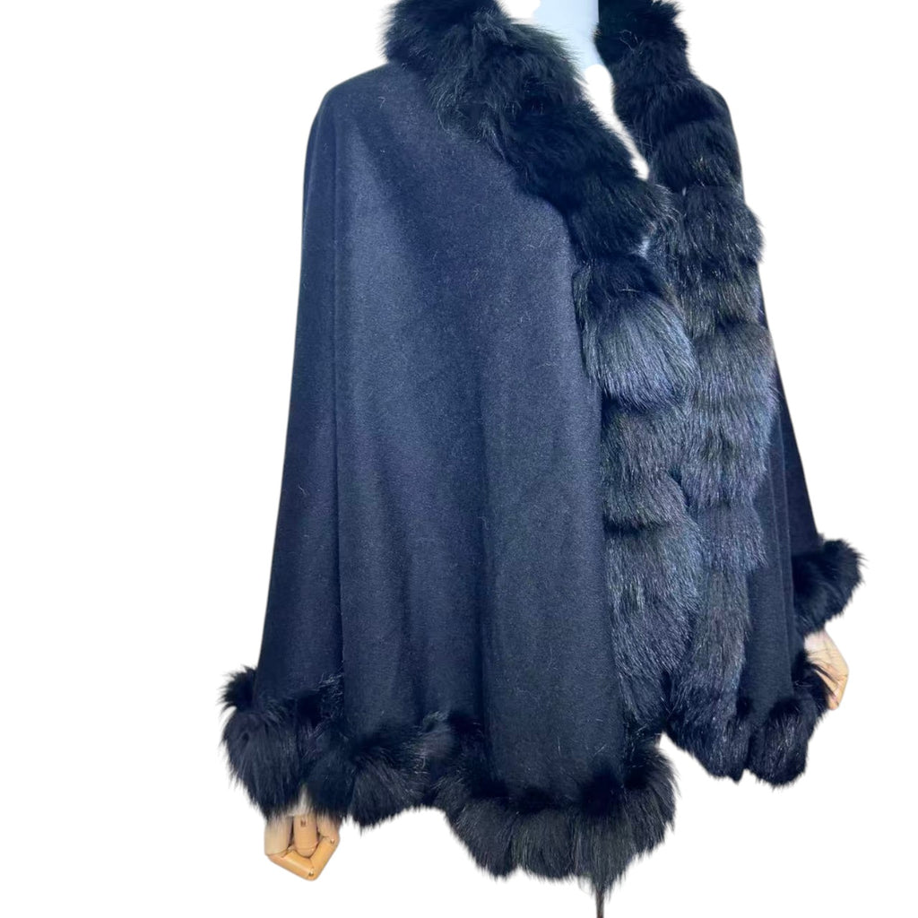 NOA-GE RARE CASHMERE CAPE BLUE FOX FUR COLLAR ELEGANT DESIGN FROM JAPAN