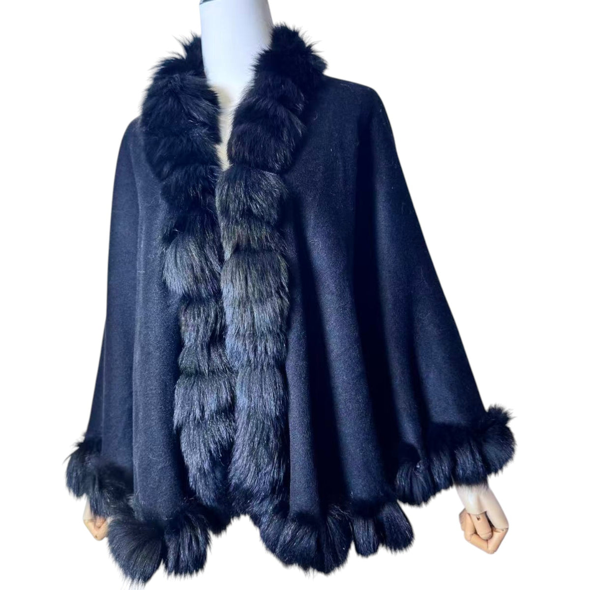 NOA-GE RARE CASHMERE CAPE BLUE FOX FUR COLLAR ELEGANT DESIGN FROM JAPAN