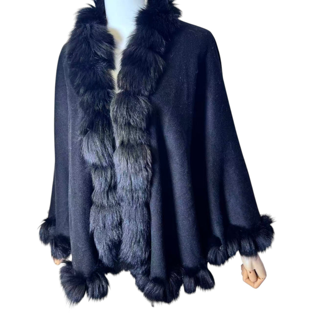NOA-GE RARE CASHMERE CAPE BLUE FOX FUR COLLAR ELEGANT DESIGN FROM JAPAN