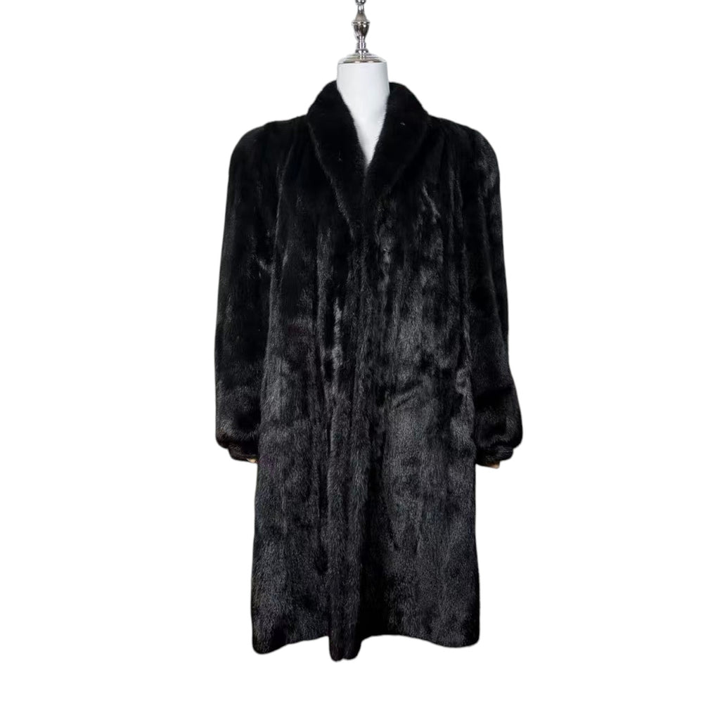 BELLE VISION SAGA MINK REAL FUR COAT LONG JACKET BLACK SIZE XL