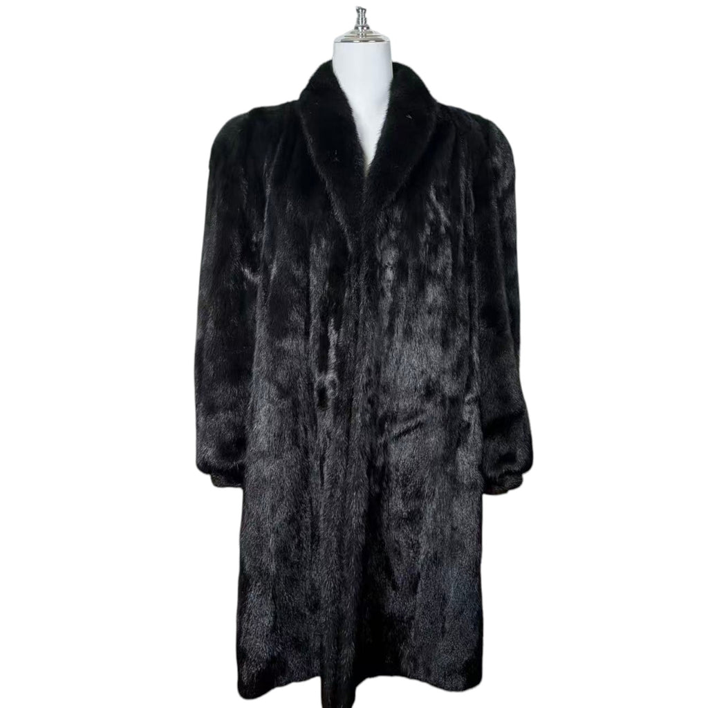 BELLE VISION SAGA MINK REAL FUR COAT LONG JACKET BLACK SIZE XL