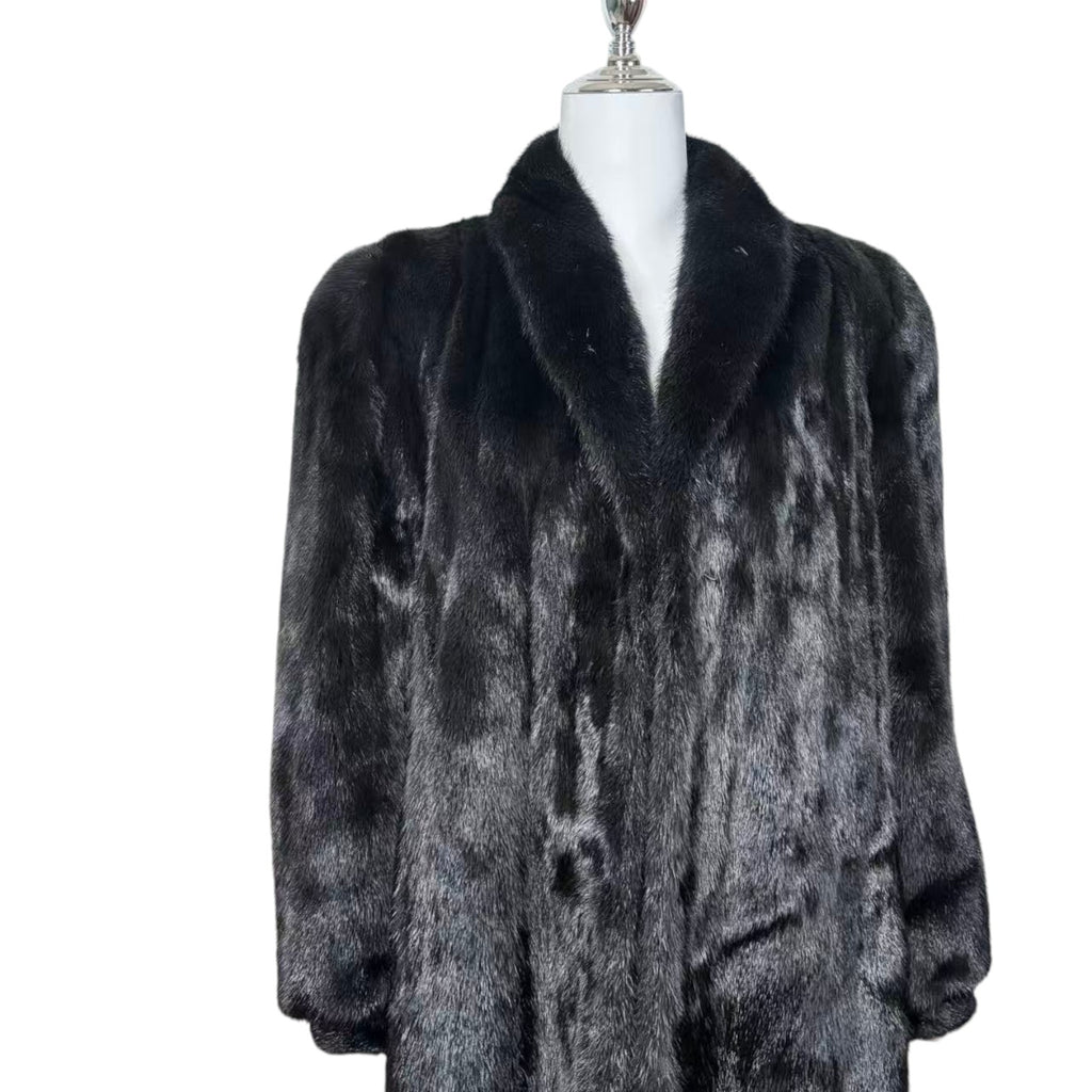 BELLE VISION SAGA MINK REAL FUR COAT LONG JACKET BLACK SIZE XL