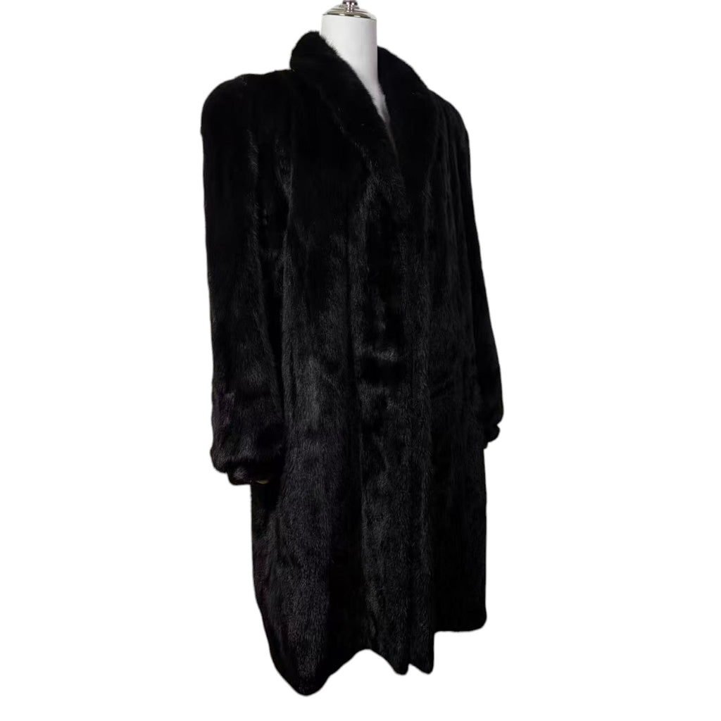 BELLE VISION SAGA MINK REAL FUR COAT LONG JACKET BLACK SIZE XL