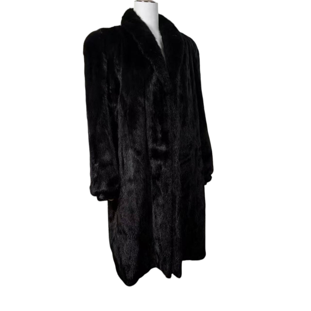BELLE VISION SAGA MINK REAL FUR COAT LONG JACKET BLACK SIZE XL