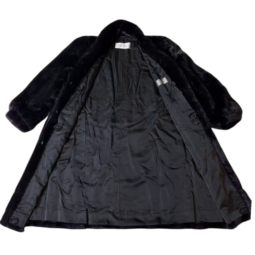 BELLE VISION SAGA MINK REAL FUR COAT LONG JACKET BLACK SIZE XL